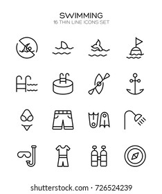 Swimming icon set. Collection of high quality outline summer pictograms in modern flat style. Black pool symbol for web design and mobile app on white background. Diving line logo.