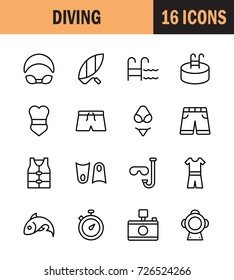 Swimming icon set. Collection of high quality outline summer pictograms in modern flat style. Black pool symbol for web design and mobile app on white background. Diving line logo.