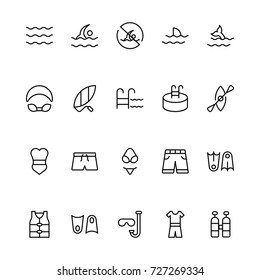 Swimming icon set. Collection of high quality outline summer pictograms in modern flat style. Black pool symbol for web design and mobile app on white background. Diving line logo.