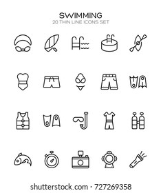 Swimming icon set. Collection of high quality outline summer pictograms in modern flat style. Black pool symbol for web design and mobile app on white background. Diving line logo.