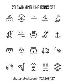 Swimming icon set. Collection of high quality outline summer pictograms in modern flat style. Black pool symbol for web design and mobile app on white background. Diving line logo.