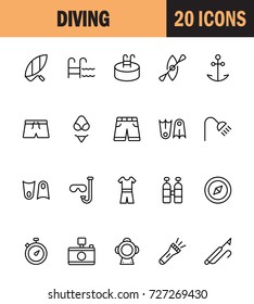 Swimming icon set. Collection of high quality outline summer pictograms in modern flat style. Black pool symbol for web design and mobile app on white background. Diving line logo.