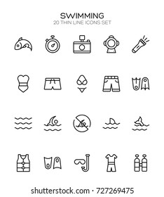 Swimming icon set. Collection of high quality outline summer pictograms in modern flat style. Black pool symbol for web design and mobile app on white background. Diving line logo.