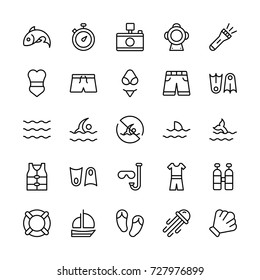 Swimming icon set. Collection of high quality outline summer pictograms in modern flat style. Black pool symbol for web design and mobile app on white background. Diving line logo.