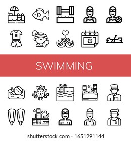 swimming icon set. Collection of Swimming pool, Sport, Fish, Lifeguard, Hydrotherapy, Swans, Swimmer, Summer, Water polo, Canoe, Fins, Exercise, Sauna, Doorman, Athlete icons