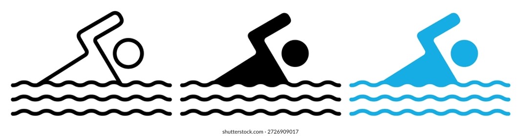 Ícone de natação para sinalização. Contorno e vetor sólido símbolo de nadador para regras de piscina, segurança de praia e navegação de esportes aquáticos. Ilustração mínima do pictograma.