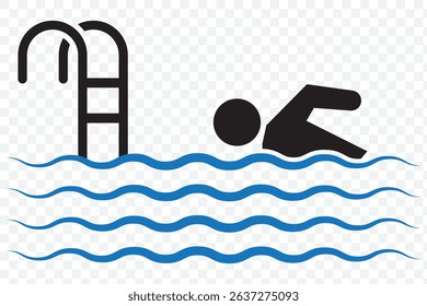 Swimming Icon Swim Swimmer Man Stick Figure Sport Athlete Vector Black White Silhouette Symbol Sign Graphic Clipart Artwork Illustration Pictogram on Transparent Background. EPS 10.