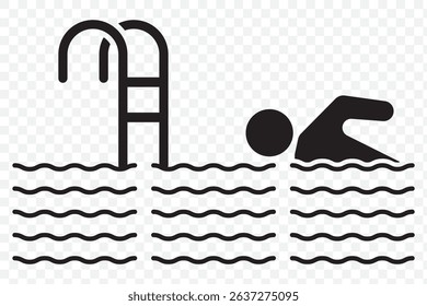 Swimming Icon Swim Swimmer Man Stick Figure Sport Athlete Vector Black White Silhouette Symbol Sign Graphic Clipart Artwork Illustration Pictogram on Transparent Background. EPS 10.
