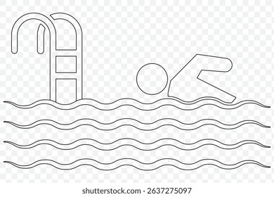Swimming Icon Swim Swimmer Man Stick Figure Sport Athlete Vector Black White Silhouette Symbol Sign Graphic Clipart Artwork Illustration Pictogram on Transparent Background. EPS 10.