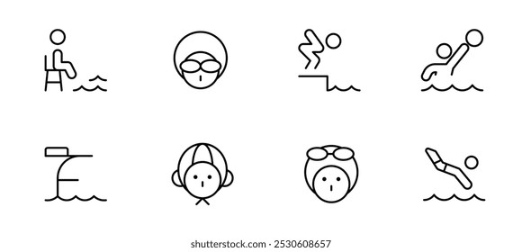 Swimming icon, swimmer, athlete, sports, pool vector set design with Editable Stroke. Line, Solid, Flat Line, thin style and Suitable for Web Page, Mobile App, UI, UX design.