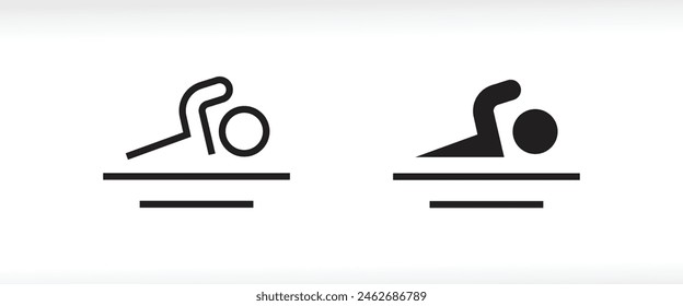 Schwimmen-Ikone Schwimmer Man Stick Figure Sport Athlete Swim Water InformationLine und flache Icons Set, editierbarer Strich isoliert auf Weiß, lineare Vektorgrafik Umriss-Illustration, Symbol-Logo-Design-Stil