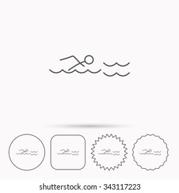 Swimming icon. Swimmer in waves sign. Professional sport symbol. Linear circle, square and star buttons with icons.