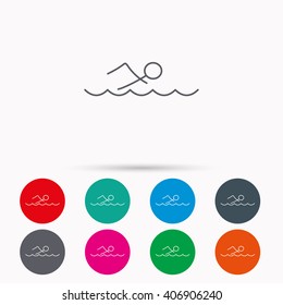 Swimming icon. Swimmer in waves sign. Professional sport symbol. Linear icons in circles on white background.