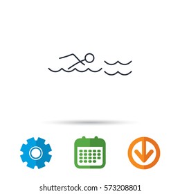 Swimming icon. Swimmer in waves sign. Professional sport symbol. Calendar, cogwheel and download arrow signs. Colored flat web icons. Vector