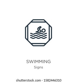 Swimming icon. Thin linear swimming outline icon isolated on white background from signs collection. Line vector sign, symbol for web and mobile