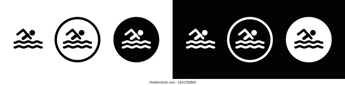 Swimming icon vector. Swim sport icon. Simple person swimming sign in black and white circle for sports app and websites, symbol illustration