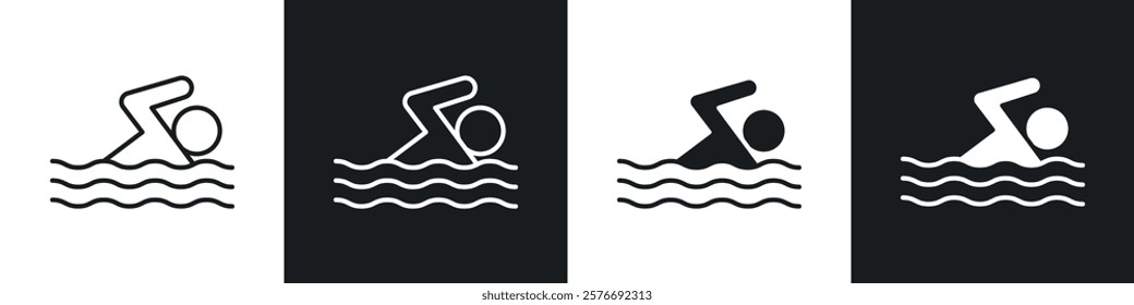 Swimming icons collection in black and white solid and line style