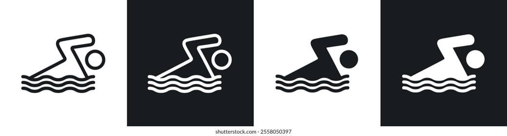 Swimming icons pack in black and white filled and outlined versions.