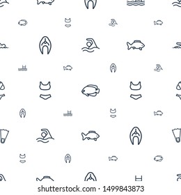 swimming icons pattern seamless white background. Included editable outline fish, pool, swim suit, swimsuit, flippers, swimmer icons. swimming icons for web and mobile.