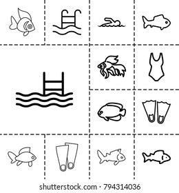 Swimming icons. set of 13 editable outline swimming icons such as fish, flippers, swim suit, pool, swimming pool