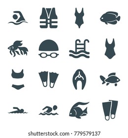 Swimming icons. set of 16 editable filled swimming icons such as fish, flippers, swim suit, swimmer