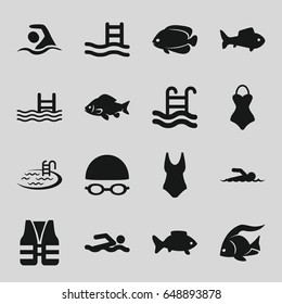 Swimming icons set. set of 16 swimming filled icons such as fish, pool, swimmer, swimsuit, life vest, pool ladder