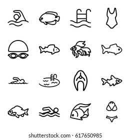 Swimming icons set. set of 16 swimming outline icons such as fish, pool, swimmer, swimsuit