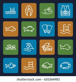 Swimming icons set. set of 16 swimming outline icons such as fish, pool, life vest, flippers