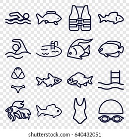 Swimming icons set. set of 16 swimming outline icons such as fish, pool, swimsuit, life vest, swim suit