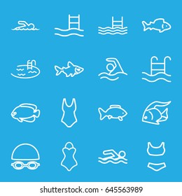 Swimming icons set. set of 16 swimming outline icons such as fish, pool, swimmer, swimsuit, swim suit