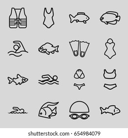 Swimming icons set. set of 16 swimming outline icons such as fish, swimmer, swimsuit, life vest, swim suit