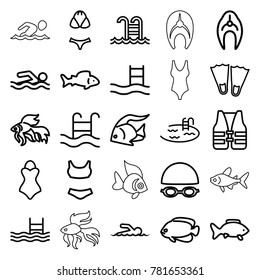 Swimming icons. set of 25 editable outline swimming icons such as fish, pool, flippers, pool ladder, swim suit, swimmer, swimsuit