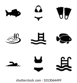 Swimming icons. set of 9 editable filled swimming icons such as pool, flippers, pool ladder, swimming pool, fish, swimmer, swimsuit