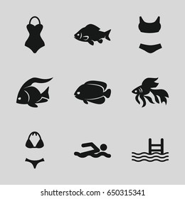Swimming icons set. set of 9 swimming filled icons such as fish, pool, swimsuit, swim suit