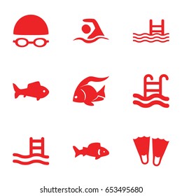Swimming icons set. set of 9 swimming filled icons such as fish, pool, flippers