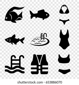 Swimming icons set. set of 9 swimming filled icons such as fish, pool, swimming pool, swimsuit, life vest
