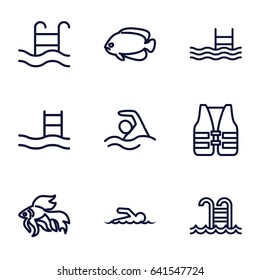 Swimming icons set. set of 9 swimming outline icons such as fish, pool, swimmer, life vest