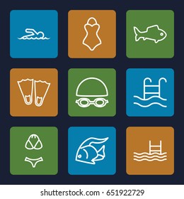 Swimming icons set. set of 9 swimming outline icons such as fish, pool, swimmer, swimsuit