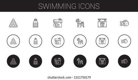 swimming icons set. Collection of swimming with pool, sauna, mortgage, fish, real estate. Editable and scalable swimming icons.