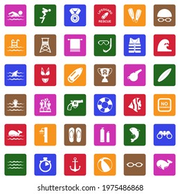 Swimming Icons. White Flat Collection In Square. Vector Illustration.