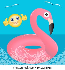 Swimming inflatable pink flamingo seascape, cheerful little man - vector. Summer vacation.