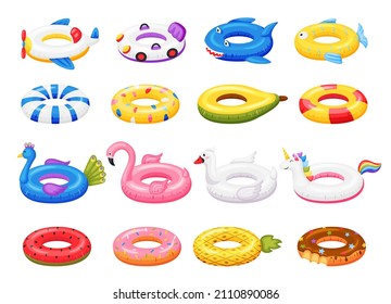 Swimming inflatable rubber rings in form animal unicorn and flamingo. Ring float, inflatable things to swim, lifesaver and summertime toy illustration