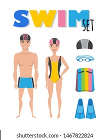 Swimming infographic elements. Set of swim icons. People in bathing suits. Accessories for swimming. Vector flat cartoon illustration.