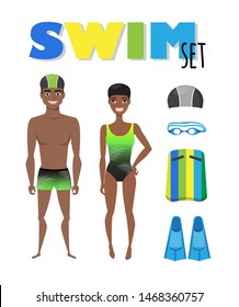 Swimming infographic elements. Set of swim icons. Black, african, american people in bathing suits. Accessories for swimming. Vector flat cartoon illustration.