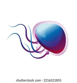 Swimming jellyfish with evolving tentacles. Gradient logo in blue, red and purple tones isolated on a white background