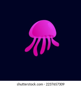 Swimming jellyfish with evolving tentacles. Gradient logo in purple tones isolated on dark background