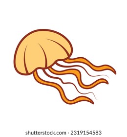 Swimming jellyfish orange colored vector icon outline isolated on square white background. Simple flat sea marine animal creatures outlined cartoon drawing.