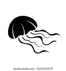 Swimming jellyfish vector icon black silhouette outline isolated on square white background. Simple flat sea marine animal creatures outlined cartoon drawing.