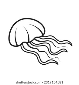 Swimming jellyfish vector icon outline isolated on square white background. Simple flat sea marine animal creatures outlined cartoon drawing.