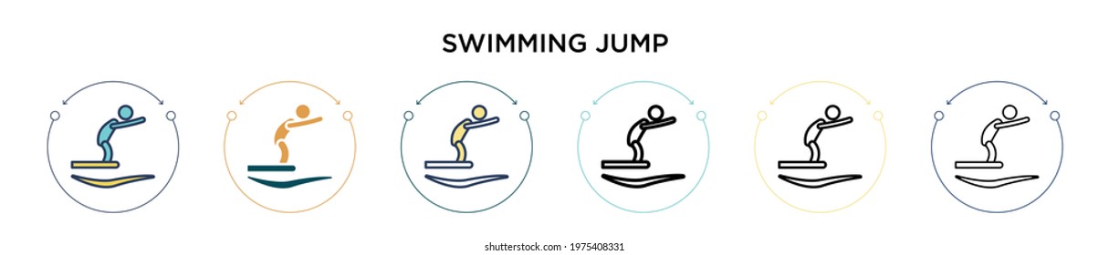 Swimming jump icon in filled, thin line, outline and stroke style. Vector illustration of two colored and black swimming jump vector icons designs can be used for mobile, ui, web